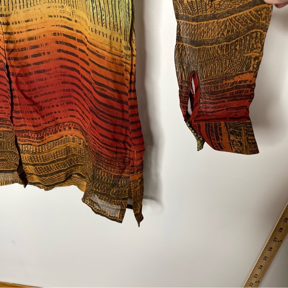 Chico's Design Sheer Long Sleeve Blouse Tunic Rayon Burnt Orange Tribal Print - Picture 10 of 16